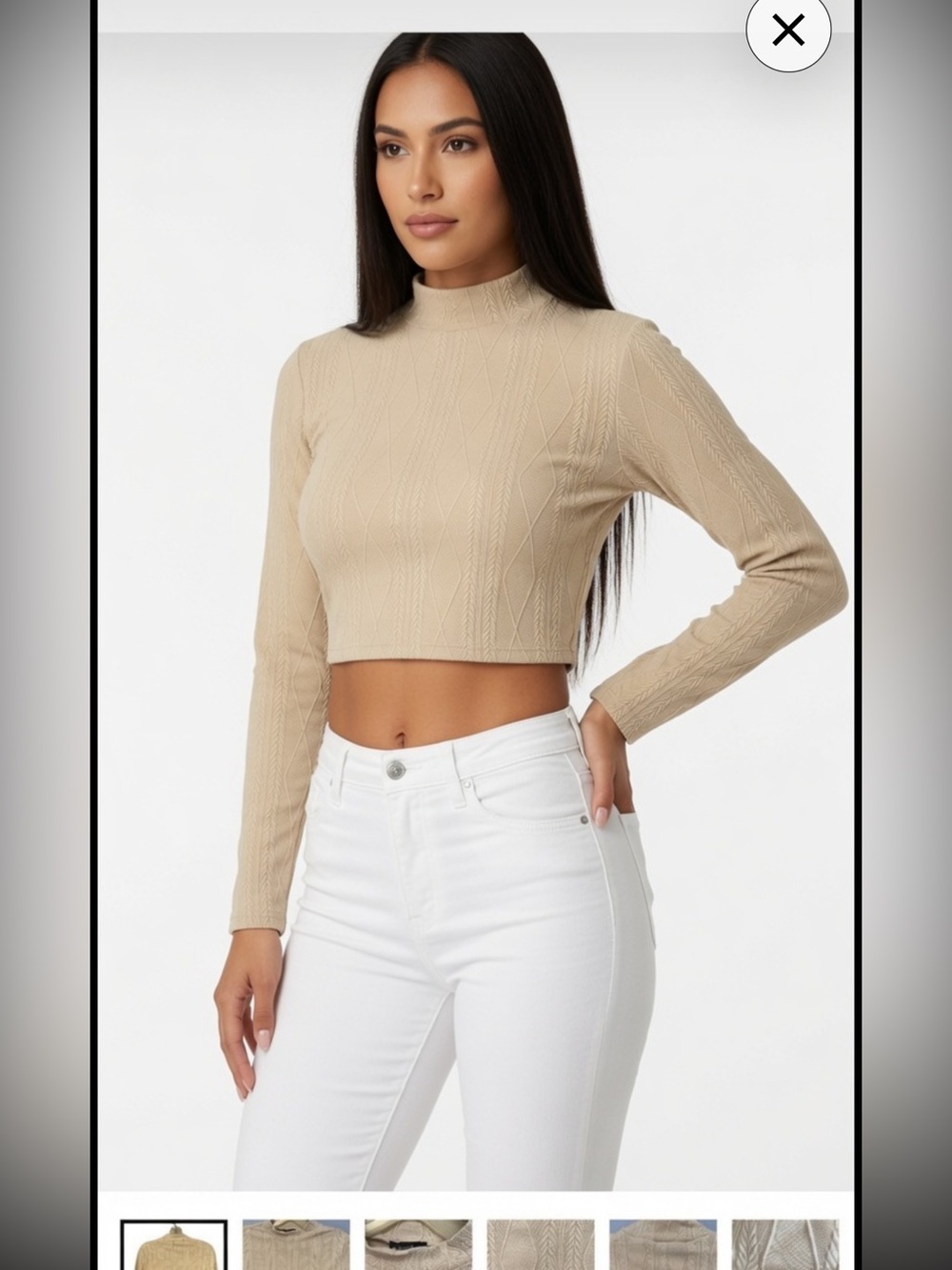 Beige Crop Top Long Sleeve Fitted Cropped Boho Trendy Junior Large